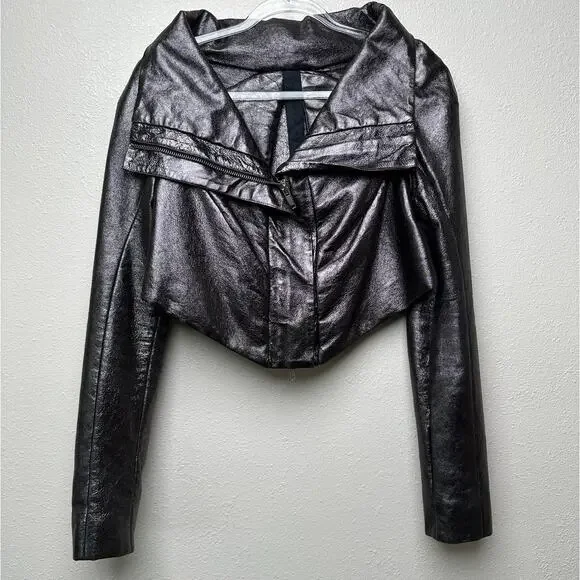 Gareth Pugh gunmetal calf leather cropped jacket women’s 10 draped zip - Picture 2 of 16